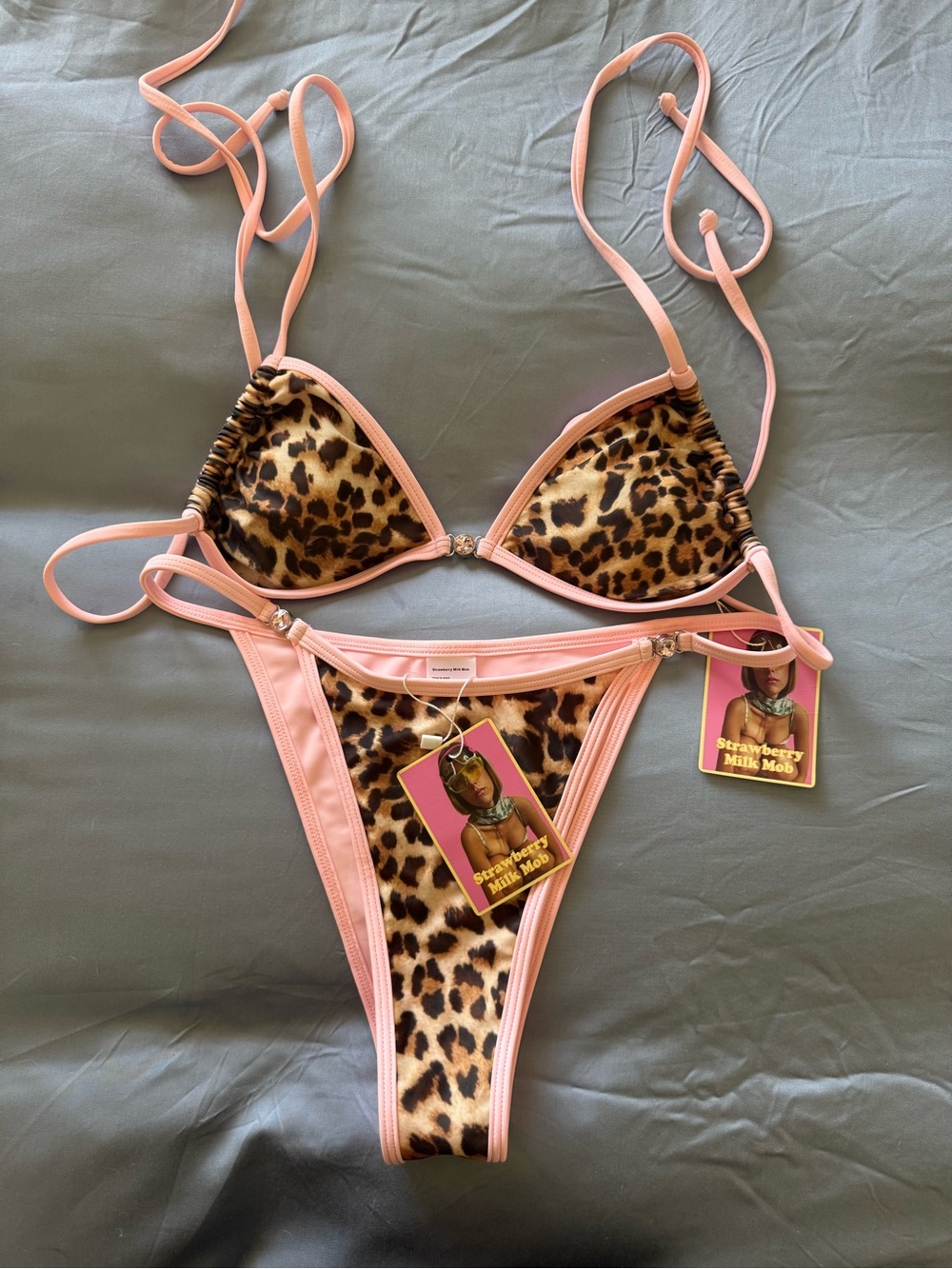Strawberry Milk Mob Leopard Print Bikini with Pink Trim